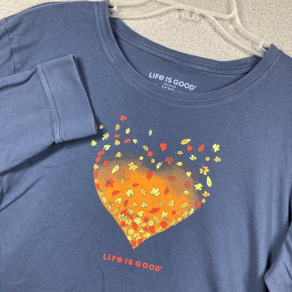 Life Is Good Crusher T-Shirt Womens XXL Blue Long Sleeve Fall Leaves Heart Tee